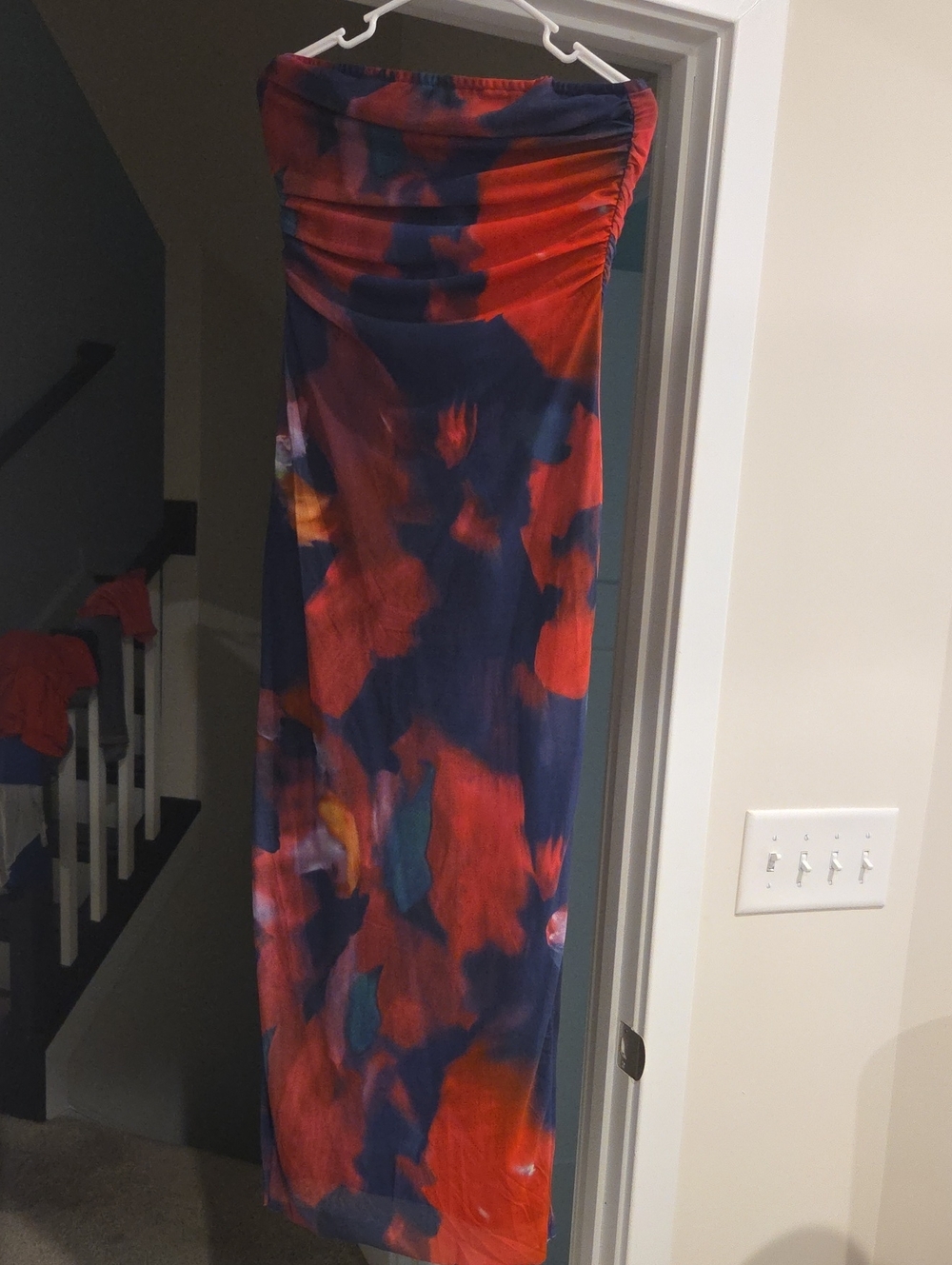 Women’s Strapless Maxi Dress in Red and Navy Abstract Print